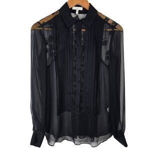 Adam Lippes Black Sheer Lace Pleated Embroidered Button Up Shirt Women‎ XS